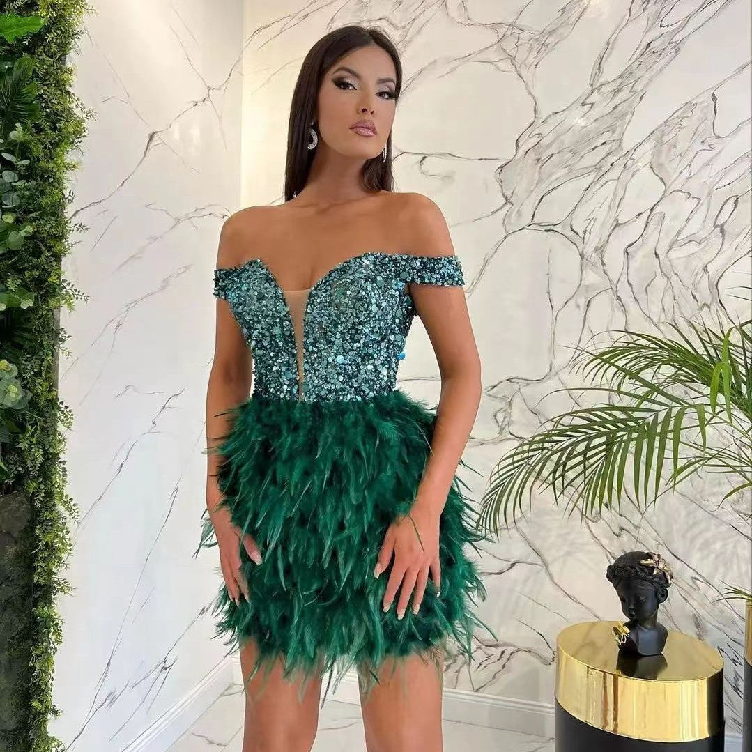 Sequined Feather Design V-Neck Off-the-Shoulder Formal Party Dress