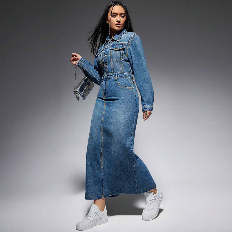 Denim Blue Washed Turn-Down Collar Long Sleeve High Back Slit Button-Up Maxi Jean Dress