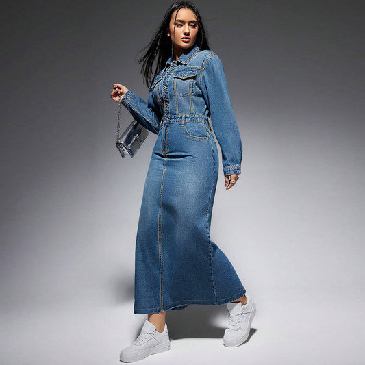 Denim Blue Washed Turn-Down Collar Long Sleeve High Back Slit Button-Up Maxi Jean Dress