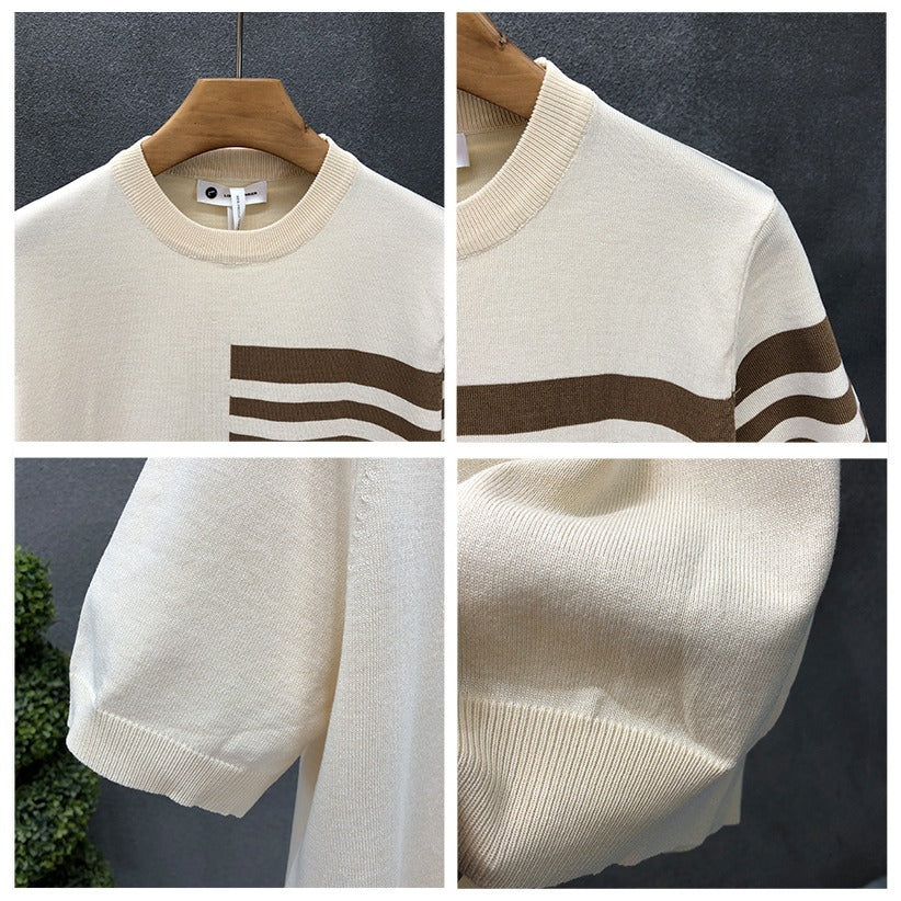 Trendy All-match Round Neck Knitted Short Sleeve Contrast Color Thin T-shirt