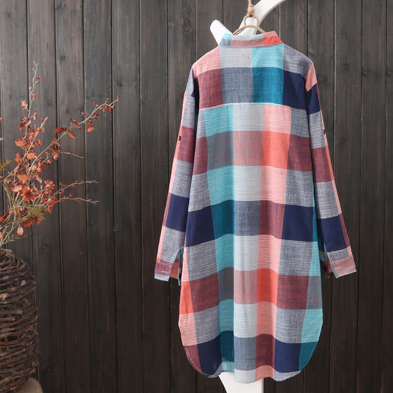 Plaid Checker Print Turn-Down 1/2 Sleeve Maxi Blouse to 3X Plus Size