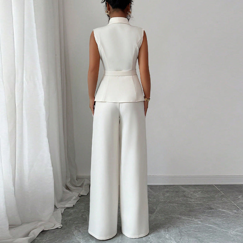 Button Front Women's Solid Color Dress Vest + Straight Leg Trouser Pants Suit