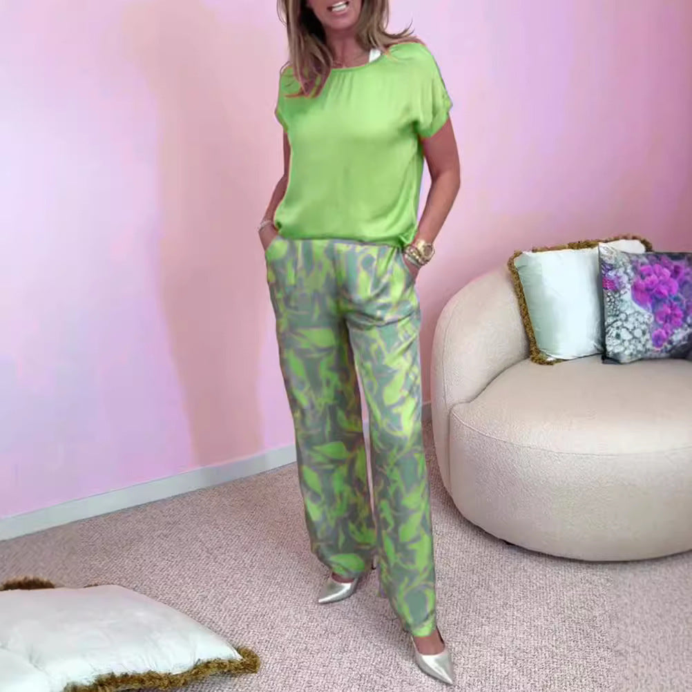 O-Neck Short Sleeve Women's Solid Color T-Shirt + Tie-Dye Trouser Pants 2-Piece Set