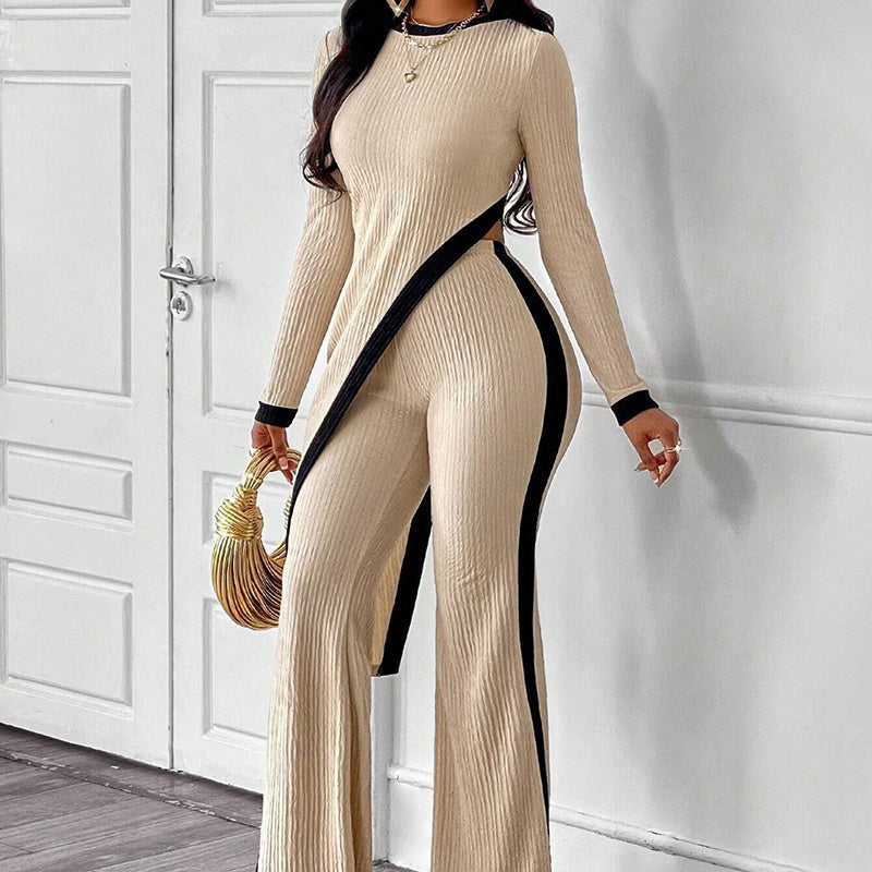Striped Colorblock Women's Asymmetrical Hem Long Sleeve Top + Wide Leg Pants 2-Piece Set