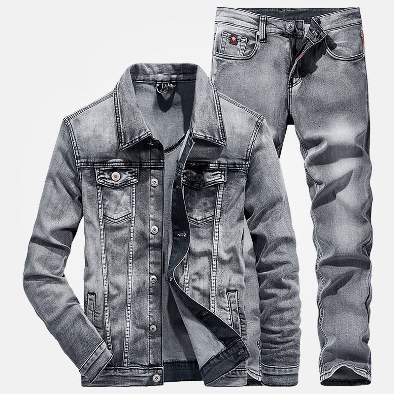 Denim Men's Double Pocket Gradient Faded Jean Jacket + Ruched Skinny Jeans 2-Piece Set