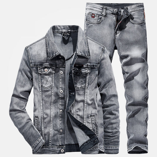 Denim Men's Double Pocket Gradient Faded Jean Jacket + Ruched Skinny Jeans 2-Piece Set