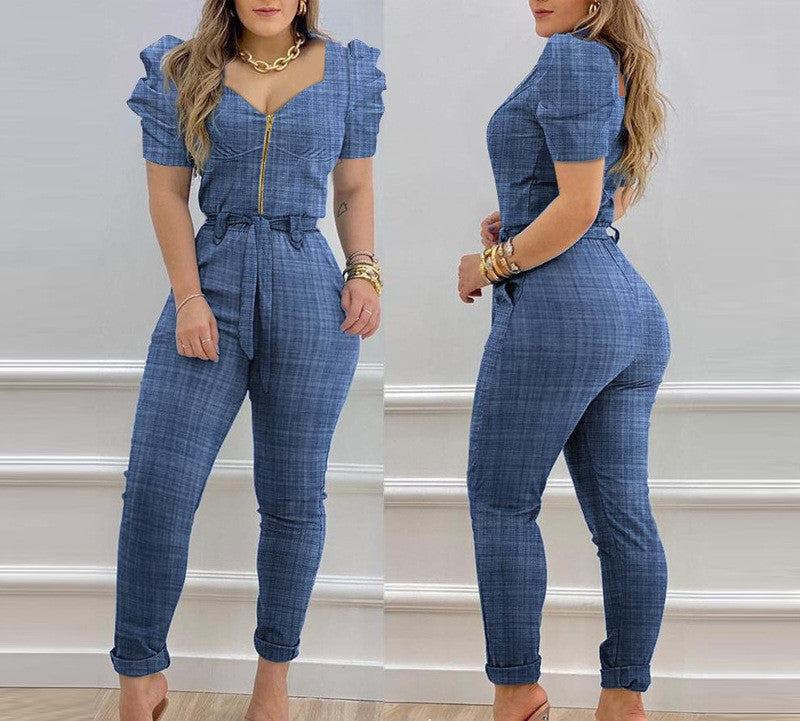 Blue Plaid Pattern Short Puff Sleeve Zipper Front Lace-Up Women's Jumpsuit