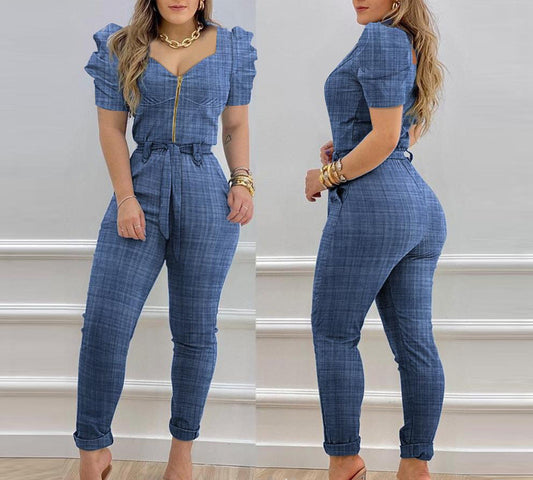 Blue Plaid Pattern Short Puff Sleeve Zipper Front Lace-Up Women's Jumpsuit