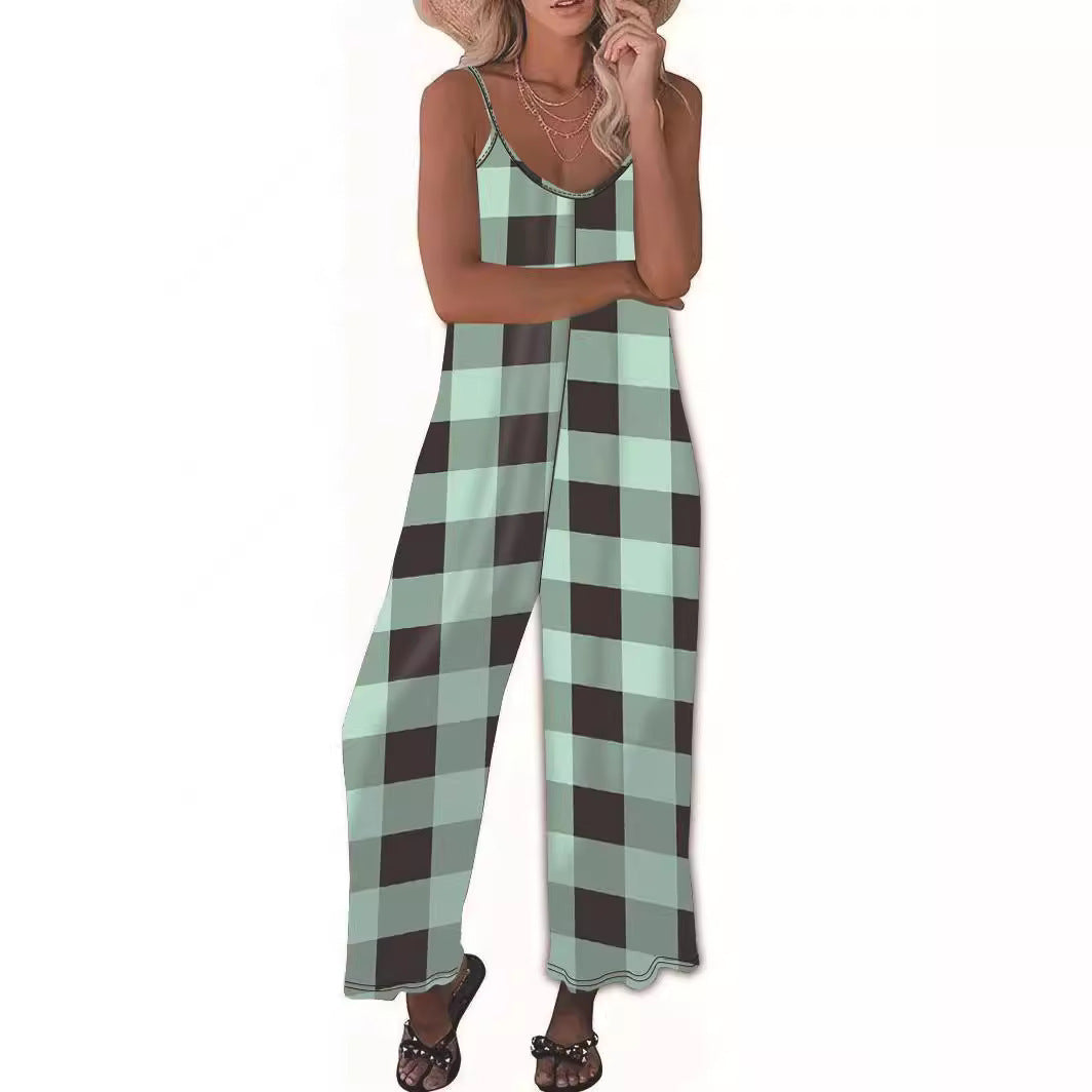 Checker Plaid Colorblock Women's Sling Spaghetti Strap Wide Leg Jumpsuit to 5X Plus Size