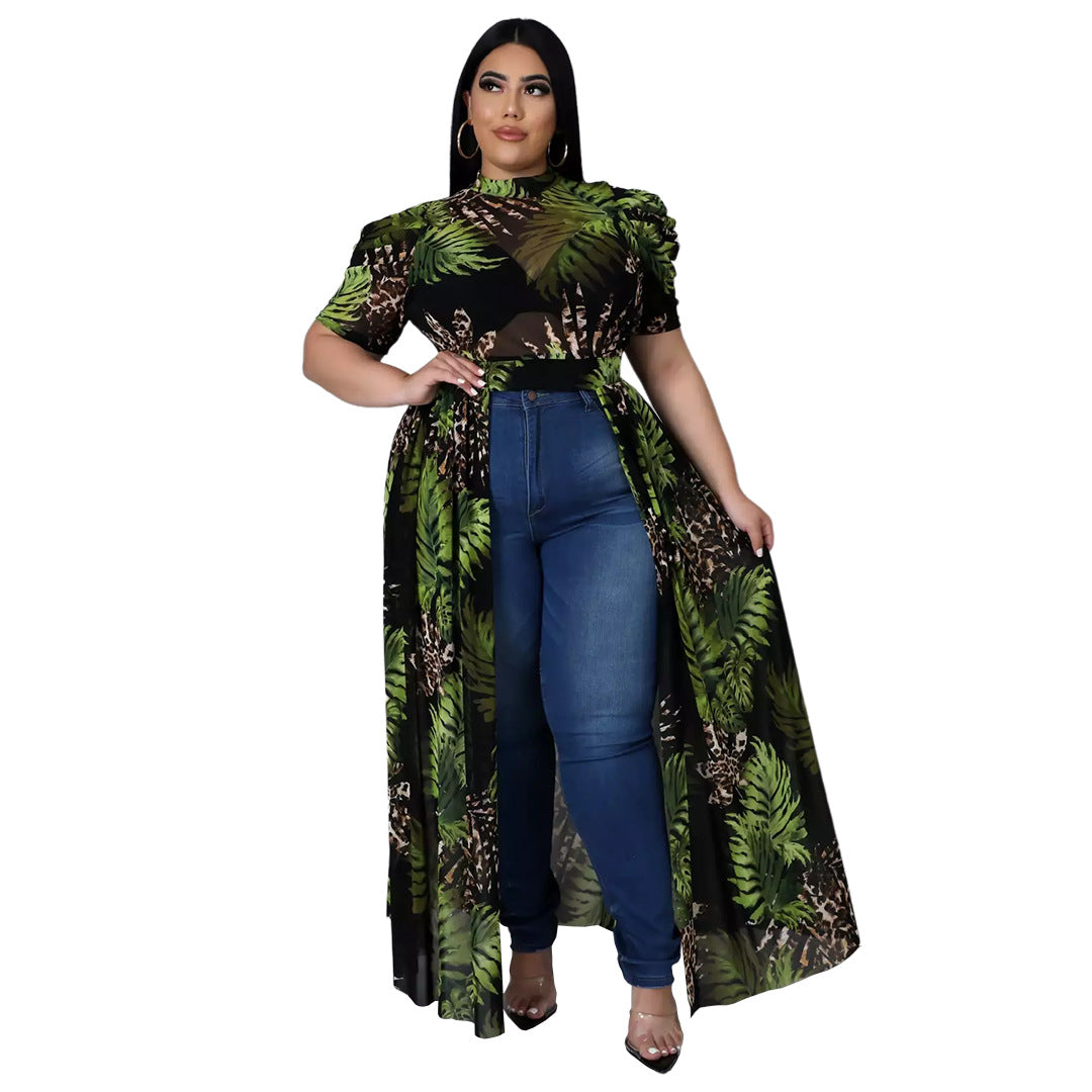 Mesh High-Low Geometric/Floral Pile Sleeve Cut-Out Maxi Blouse to 5X Plus Size