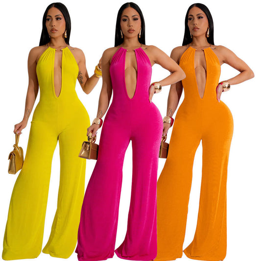 Sleeveless Pastel Solid Color Backless Women's Sexy Deep V-Neck Wide Leg Jumpsuit