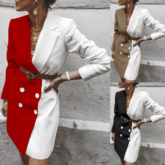Colorblock 2-Tone Double Breasted Button Decor Long Sleeve Blazer Midi Office Dress