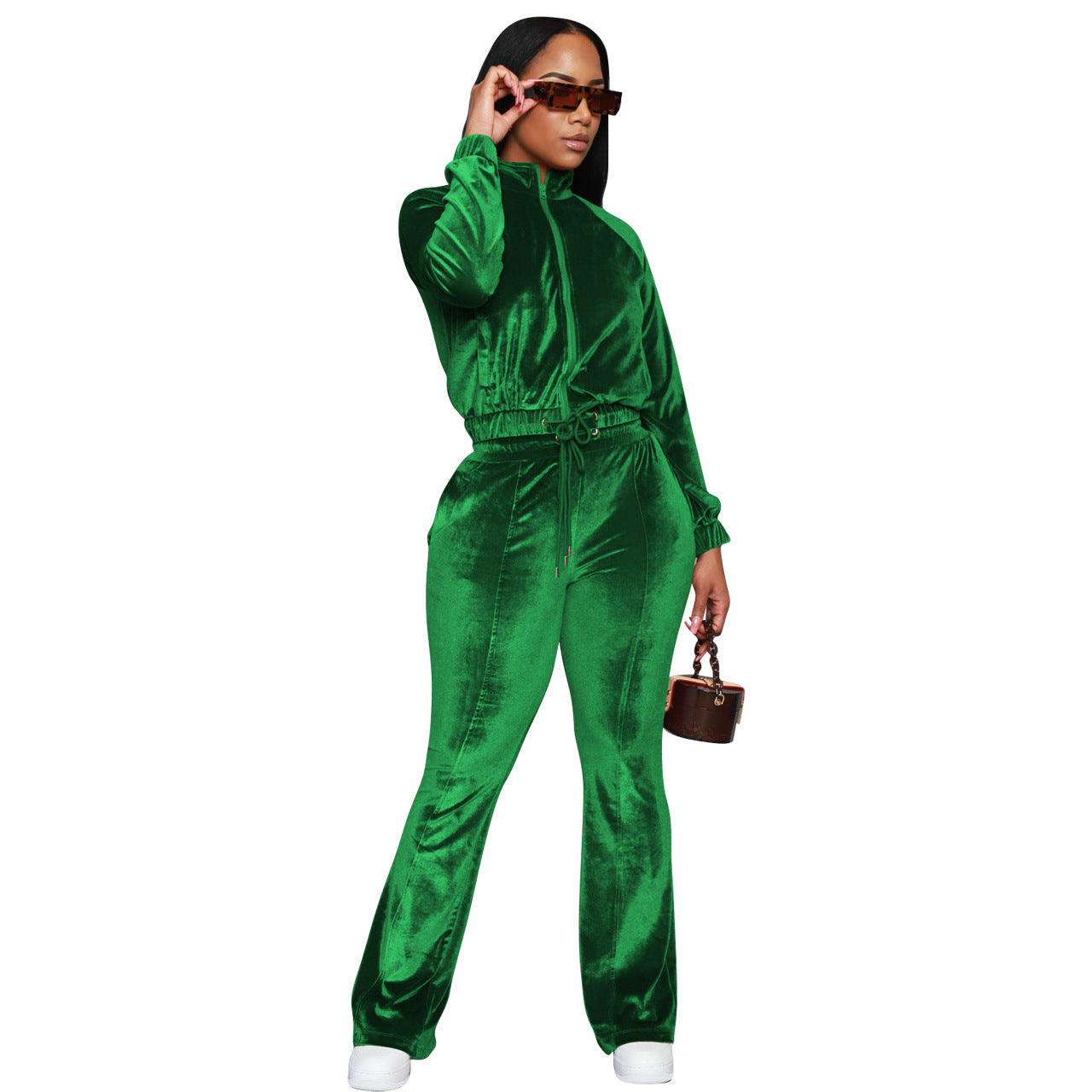 Velvet Drawstring Solid Color Women's Mandarin Collar Zipper Sweat Jacket + Sweatpants Tracksuit
