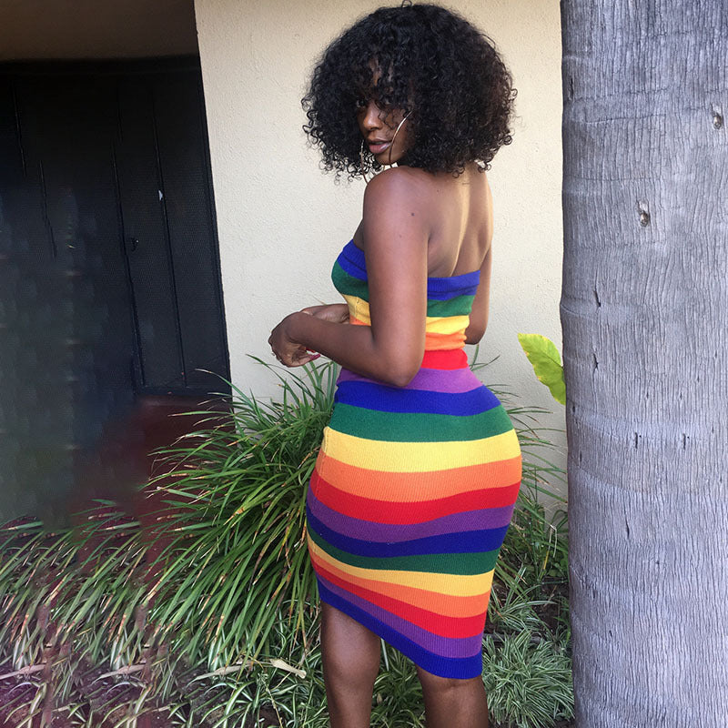 Rainbow Striped Colorblock Print Sleeveless Bodycon Skin Tight Tube Dress