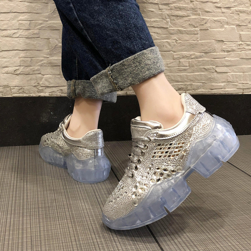 Silver Metallic Rhinestone Vulcanized Women's Sneakers