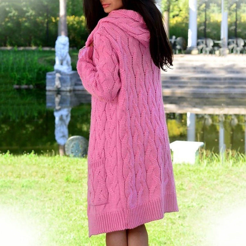 Oversized Knitted Weave Pattern Loose Pocketed Women's Hoodie Maxi Sweater