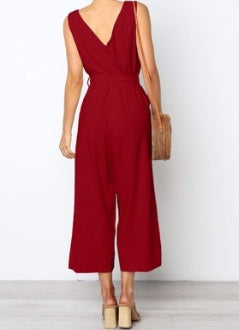 Sleeveless Halter Spaghetti Strap Solid Color Button-Up Capri Pants Romper