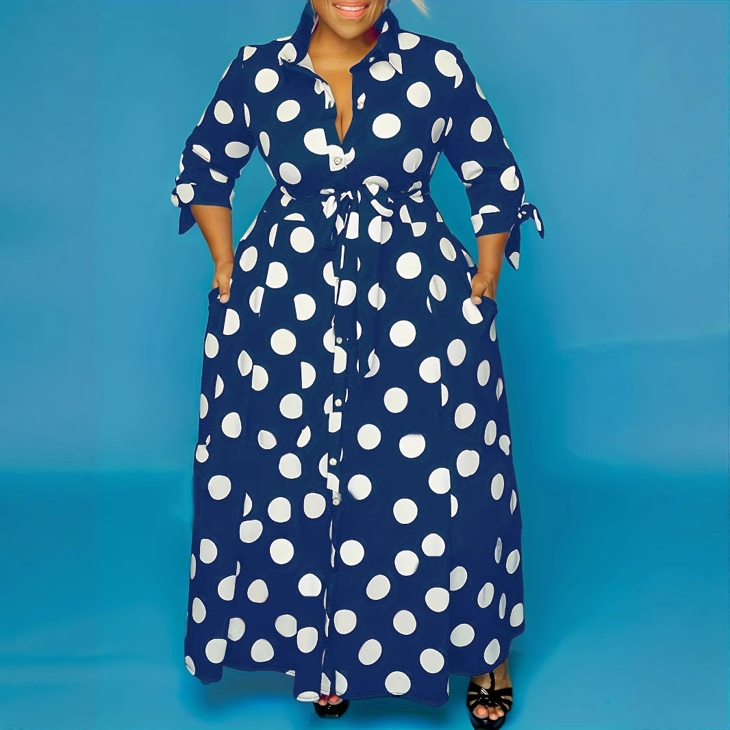 Polka Dot Print Button-Up Long Sleeve Maxi Dress w/ Sash Belt to 7X Plus Size