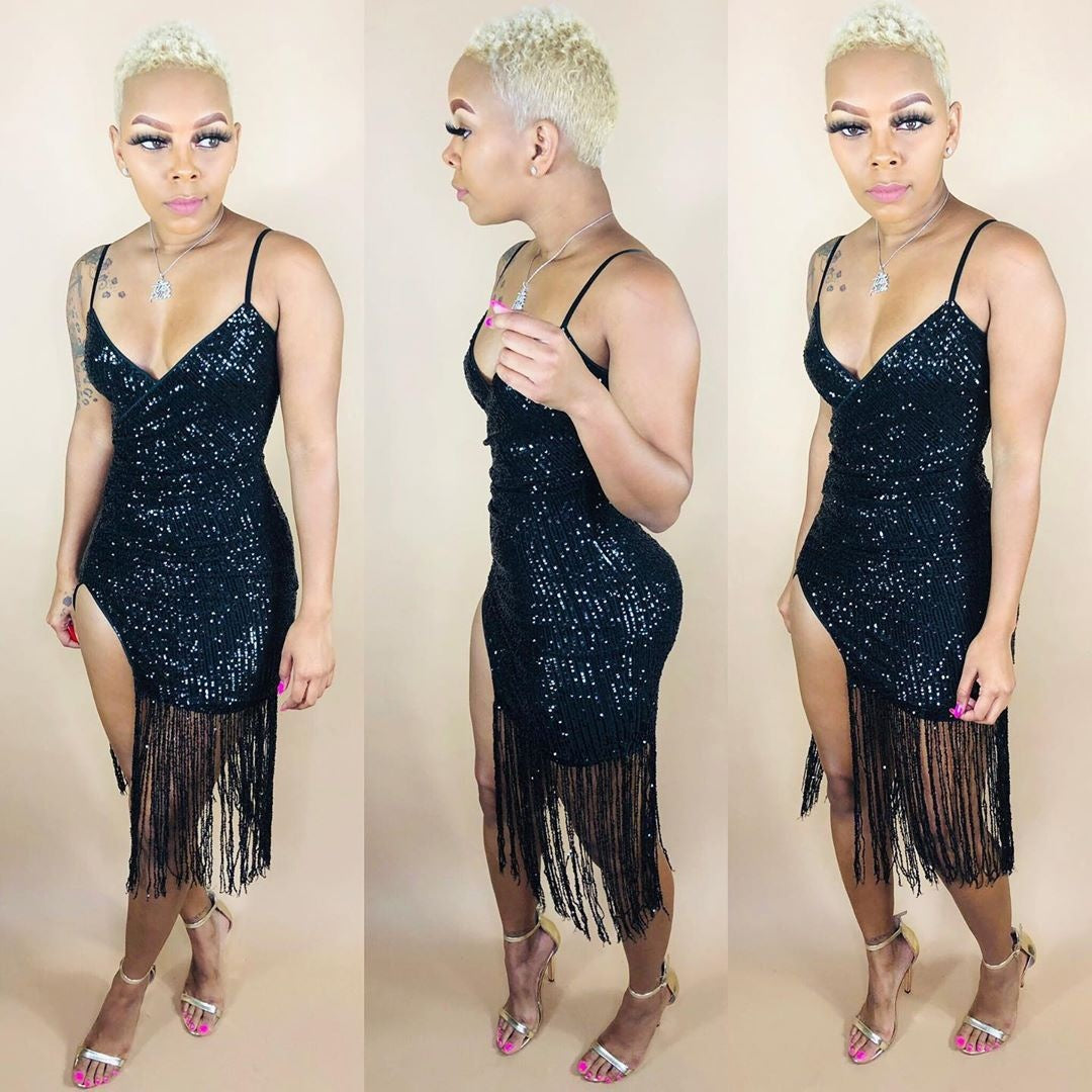 Sparkling Metallic Sequin Tassel Fringe Design V-Neck High Side Slit Formal Mini Party Dress