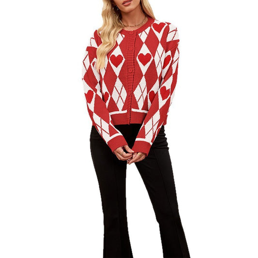 Valentine Heart Argyle Plaid Print Women's Knitted Button-Up Cardigan Sweater
