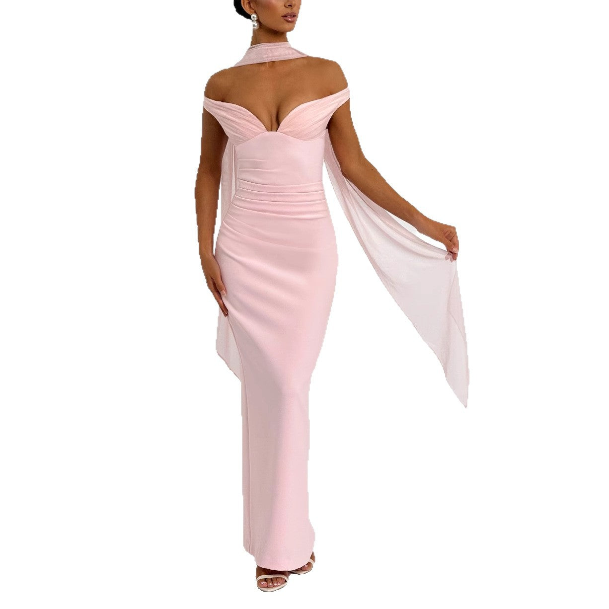 Off-the-Shoulder Solid Color Formal Evening Dress w/ Hanging Sash