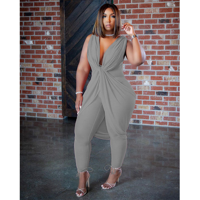 Sleeveless Ruched Milk Silk Deep V-Neck Layered Jumpsuit to 4X Plus Size