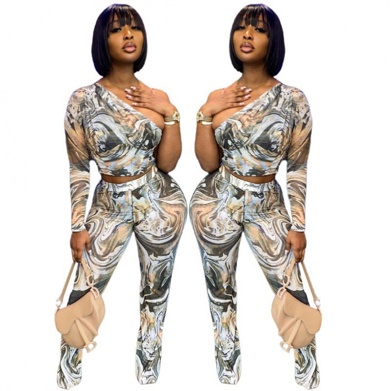 Geometric Swirl  Asymmetrical One Shoulder Long Sleeve Top + Elastic Waist Leggings Women's 2-Piece Set