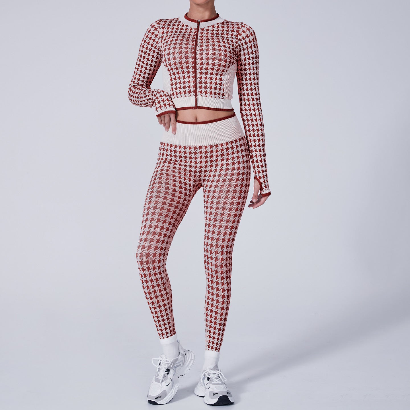 Houndstooth O-Neck Women's Zipper Sports Jacket + Leggings Tracksuit