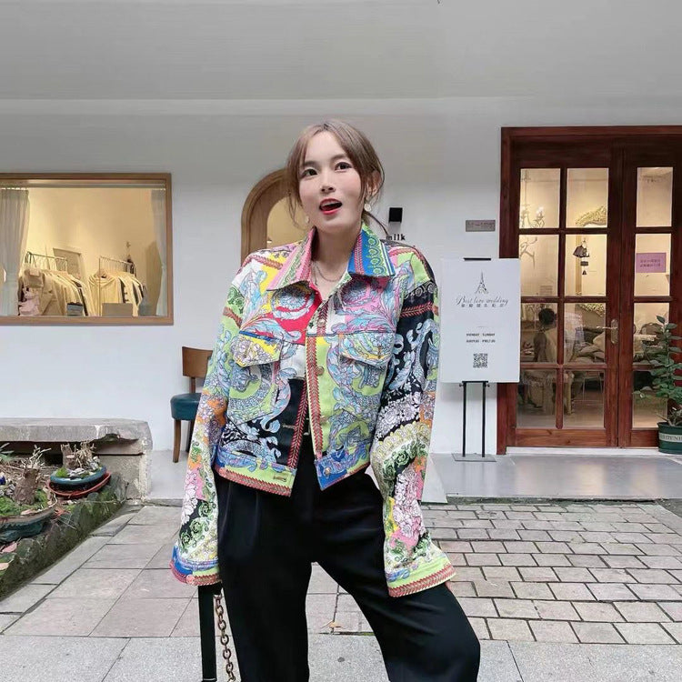 Denim Abstract Floral Baroque Print Women's Long Sleeve Turn-Down Collar Jean Jacket