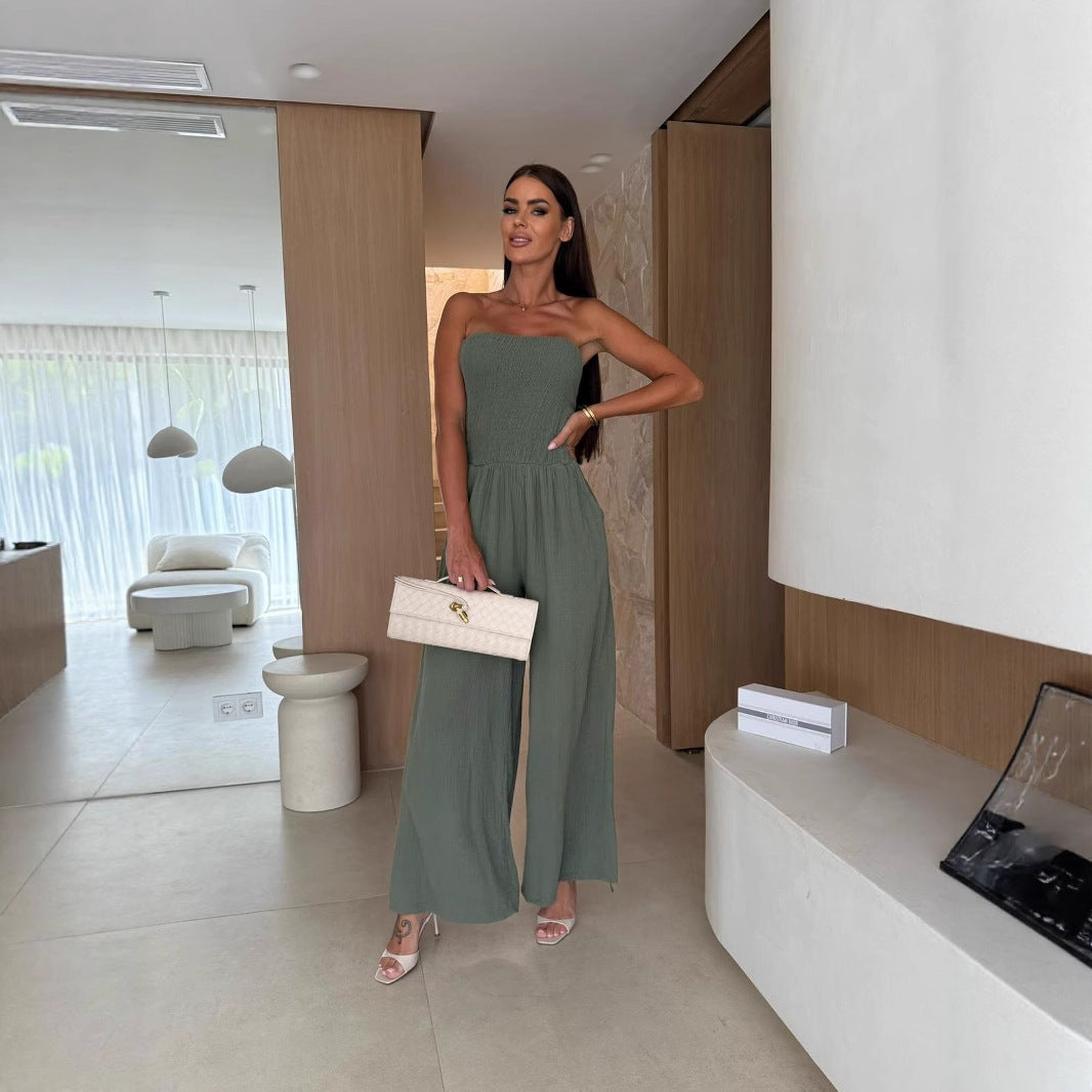 Sleeveless Double Layer Cotton Solid Color Pocketed High Waist Wide Leg Women's Tube Jumpsuit