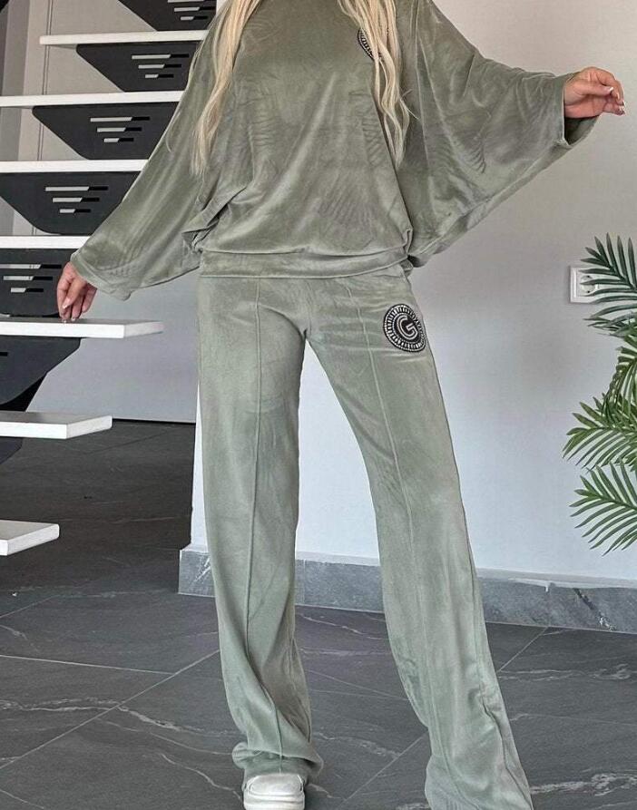 Velvet Solid Color O-Neck Long Batwing Sleeve Sweatshirt + Sweatpants Women Tracksuit to 3X Plus Size