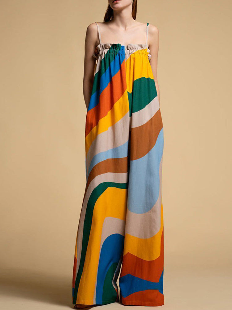 Abstract Geometric Print Women's Sleeveless Halter Neck Wide Leg Jumpsuit