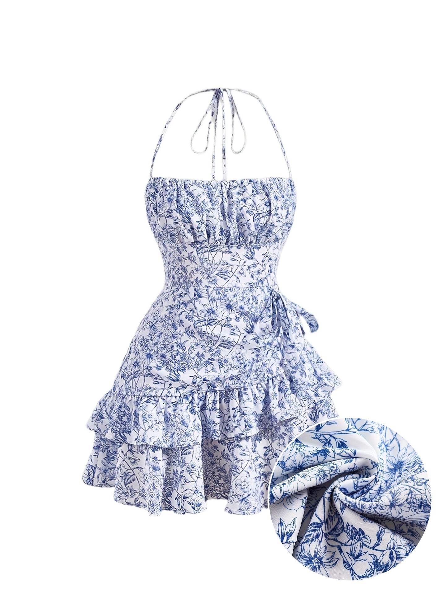 Floral Print Layered Ruffled Hem Halter Sleeveless Mini Dress