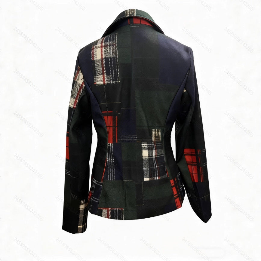 English Plaid Gold Button Detail Colorblock Women's Double Breasted Wool Blazer Jacket to 3X Plus Size