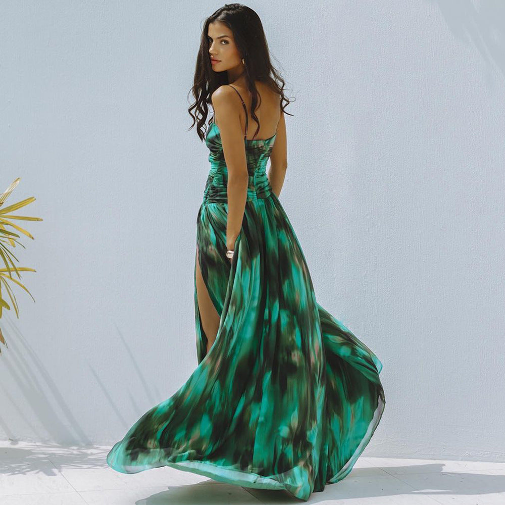 Black/Green Printed Gold Starfish Pendant Decor One-Piece Hollow-Out Swimsuit w/ Maxi Sarong Skirt 2-Piece Swimwear Set