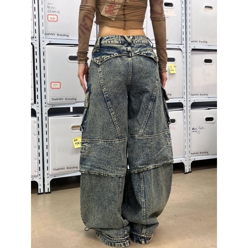 Faded Denim Baggy Multi-Pocketed Reverse Zipper Design Women's Hip-Hop Streetwear Cargo Jeans to 4X Plus Size