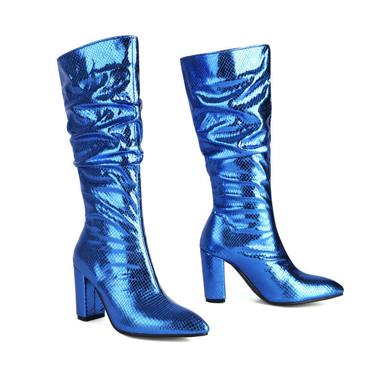 Ruched Shiny Metallic Patent Leather Pointed Toe Chunky Heel Women's Below-the-Knee Boots