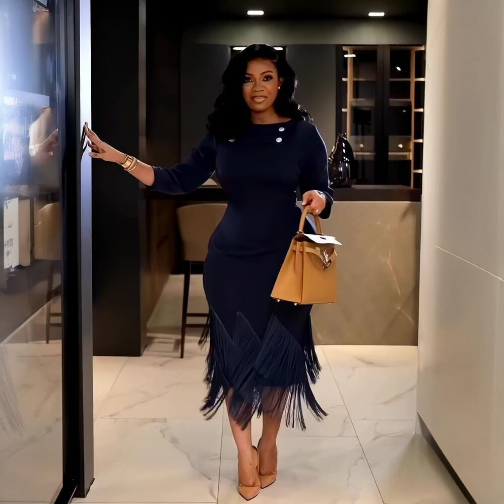 Diagnol Fringe Tassel Hem Back Bowknot Design Long Sleeve Midi Dress to 3X Plus Size