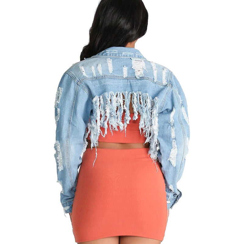 Ripped Washed Tassel Fringe Western Cropped Women's Jean Jacket to 5X Plus Size