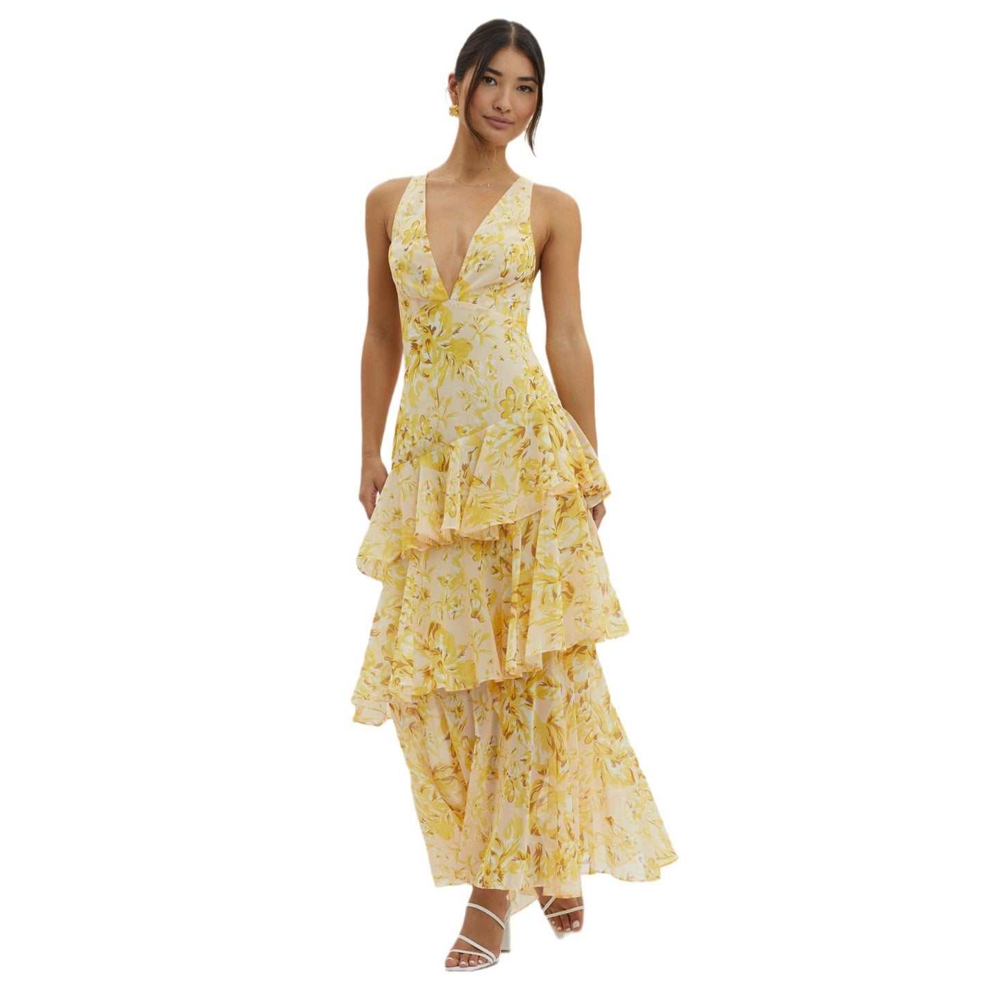 Tiered Sleeveless Floral Print Backless Multi-Layer V-Neck Maxi Dress