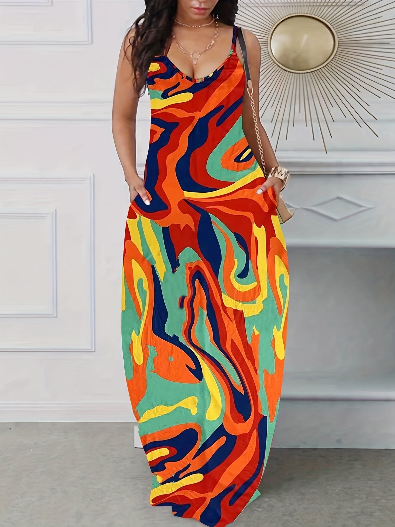 Rainbow Geometric Print Spaghetti Strap Loose Maxi Cami Dress