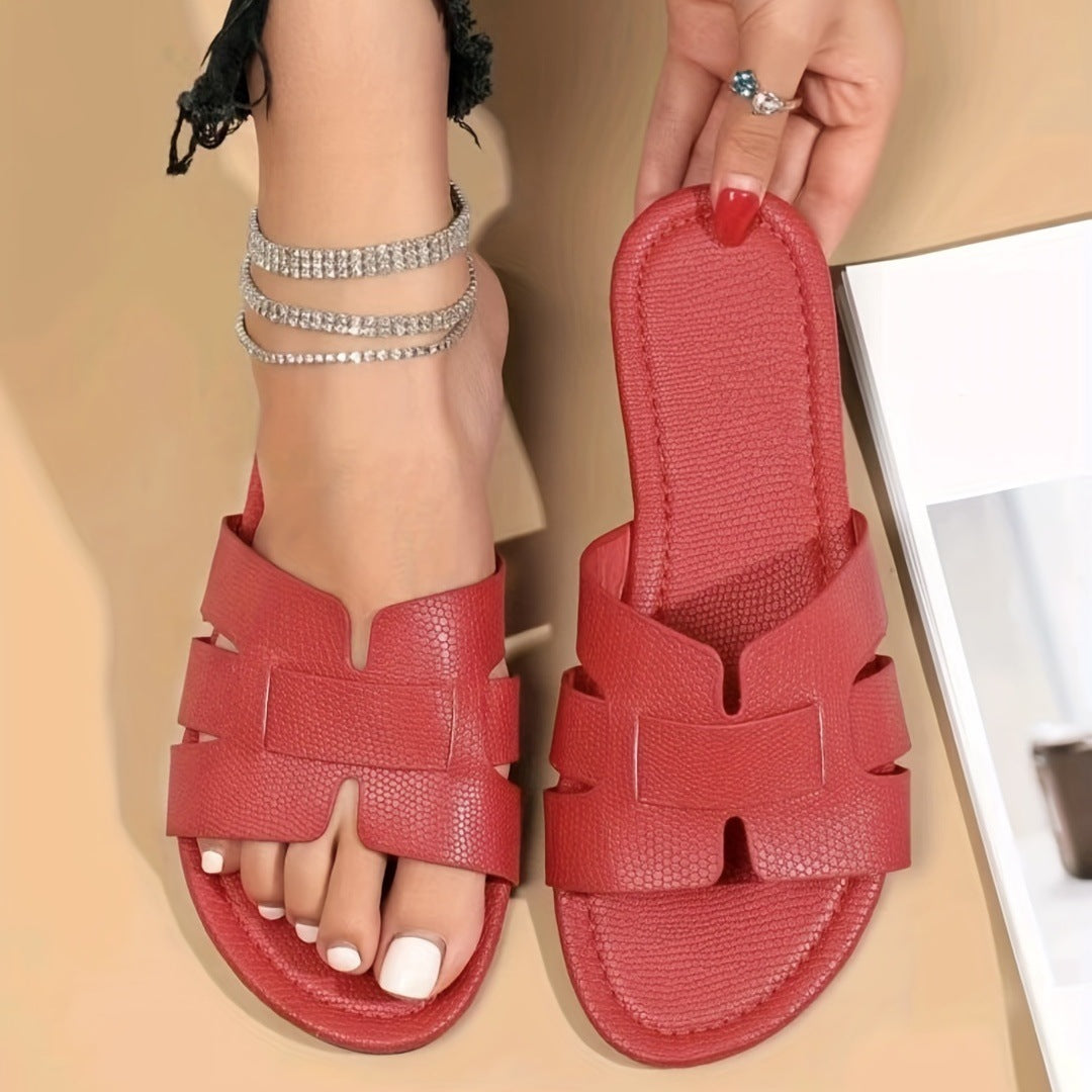Square Toe Women's Solid Color Hollow-Out Flat Flip-Flop Sandals