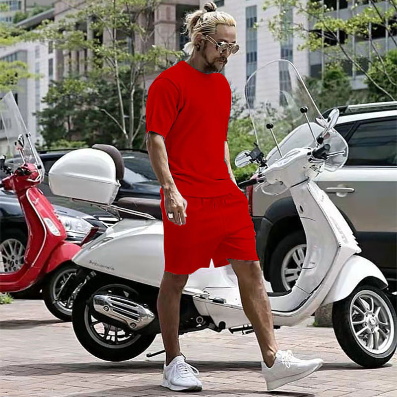 Men's Solid Color T-Shirt + Shorts 2-Piece Casual Sports Set