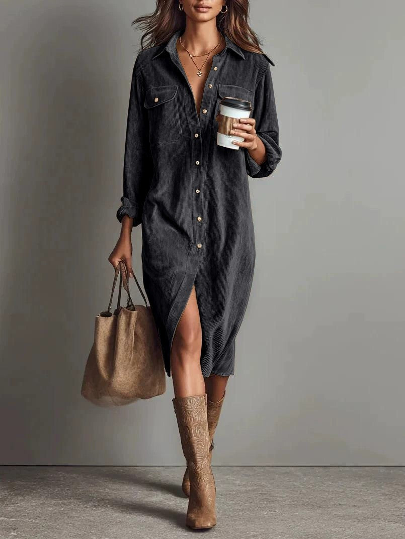 Double Pocket Design Turn-Down Collar Loose Button-Up Long Sleeve Office Midi Shirt Dress to 3X Plus Size