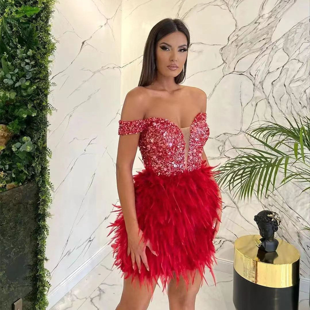 Sequined Feather Design V-Neck Off-the-Shoulder Formal Party Dress