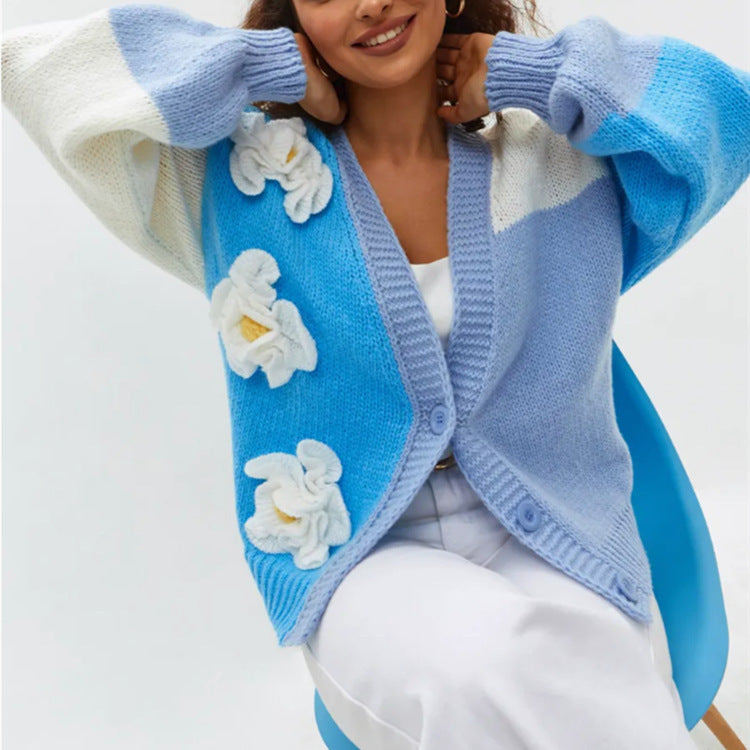 Blue/White Big Flower Embroidered Lantern Sleeve Women's Cardigan Sweater