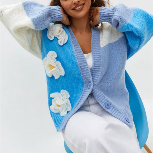 Blue/White Big Flower Embroidered Lantern Sleeve Women's Cardigan Sweater
