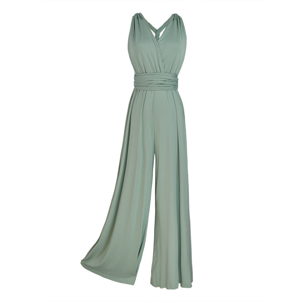Criss-Cross Bandage Wide Leg V-Neck Sleeveless Women's Solid Color Wide Leg Jumpsuit