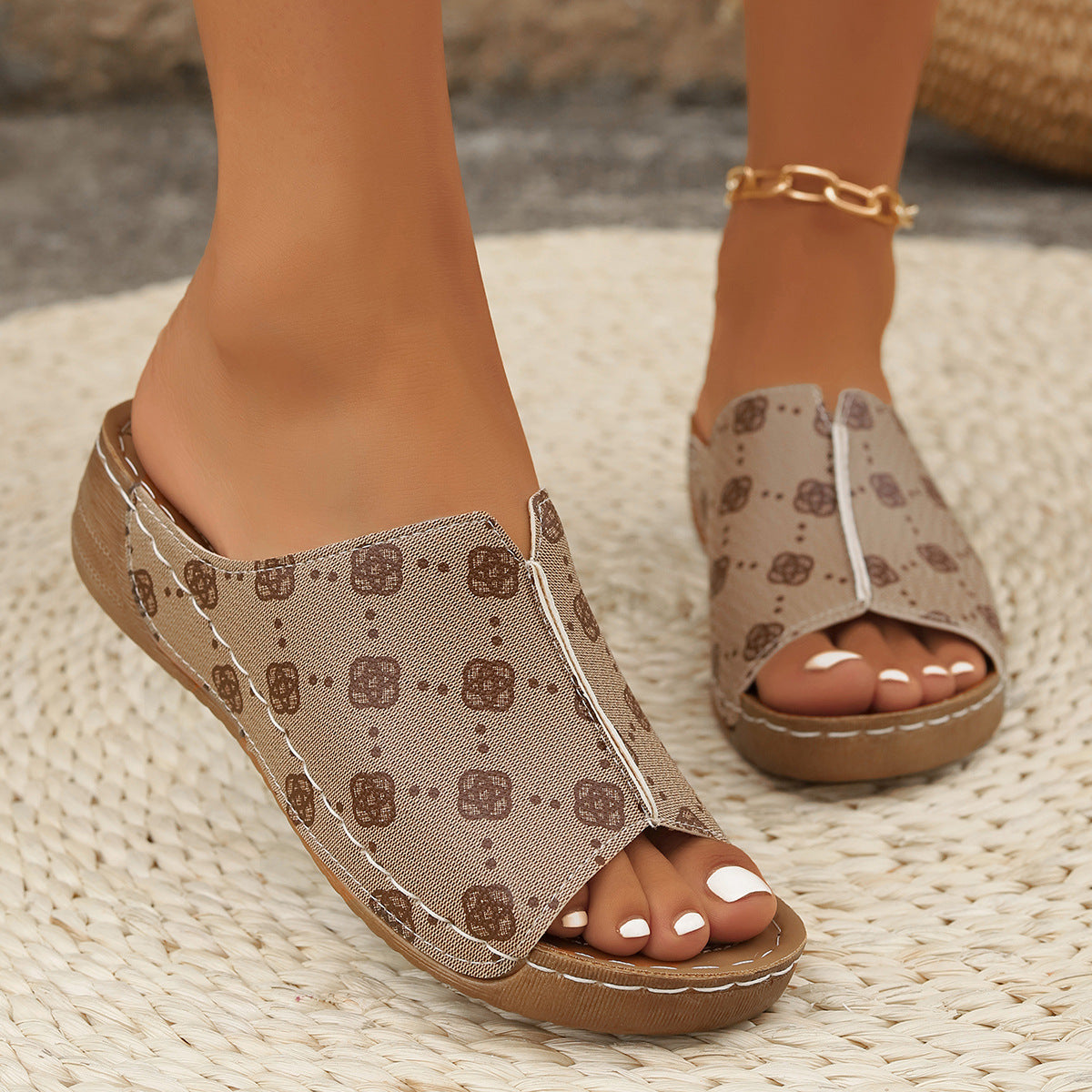 Snake/Leopard/Geometric Print Flat Women's Open Toe Wedge Sandals