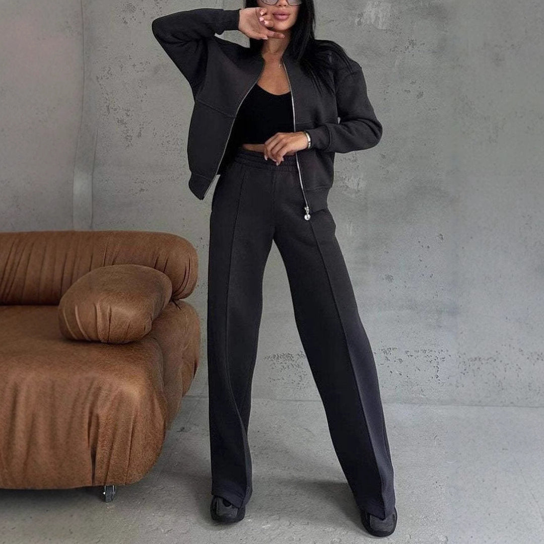 Women's O-Neck Solid Color Zipper Jacket + Wide Leg Pants Tracksuit